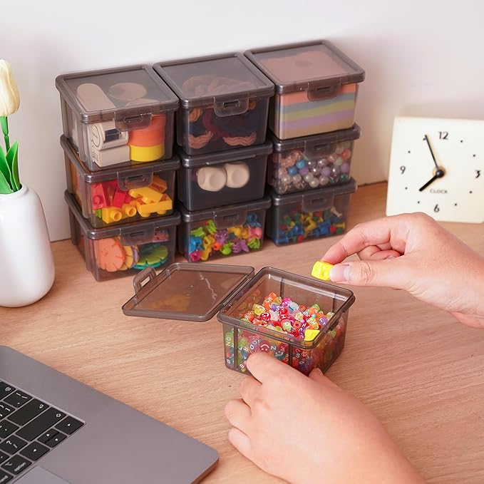 10-Pack Small Plastic Containers with Lids, Clear Stackable Storage Boxes & Bins Organizer for Bead Organizer, Craft Storage, Stickers, Jewelry & Small Items – Black Square Small