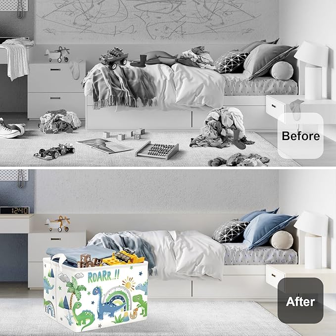 Dinosaur Laundry Hamper Large Storage Basket Cartoon Dino Collapsible Parents Organizer Kids Toy Clothes Bins for Bedroom, Bathroom, Palms, 36L