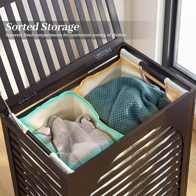 Laundry Hamper with Lid, Bamboo Clothes Laundry Basket with Handles, Removable 2-Section Liner bag, Hampers for Bedroom Aesthetic, Large Storage for Bath Towel, Sheets or Toys, Home (Brown)