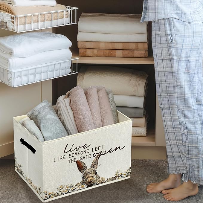 Rustic Bunny Storage Bins & Boxes with Handles, Farmhouse Rabbit Foldable Basket for Organizing, Live Like Someone Left the Gate Open Collapsible Storage Basket for Bedroom Bathroom Clothes Toys