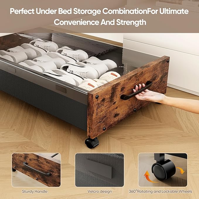 KITHELP Wooden Under Bed Storage with Wheels, Rolling Under the Bed Storage Bins with Removable Lid, Metal Under Bed Drawers for Clothes and Shoes in Bedroom or Living Room(Vintage Brown-1pack)