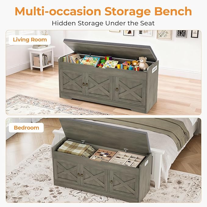 Farmhouse Shoe Storage Bench, Entryway Bench with Cushion Seat, Lift Top Storage, Adjustable Shelf, 3 Doors, 330 lbs Capacity, Storage Bench for Entryway, Bedroom, Living Room (Grey)