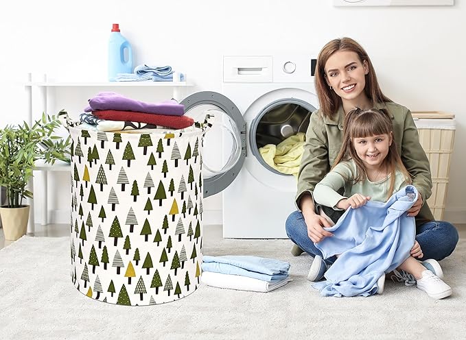 Christmas Tree 19.7 Inch Round Laundry Clothes Hamper Laundry Basket with Handles,Storage Organizer Bins Laundry Gift Basket for Room, Bedroom Decor