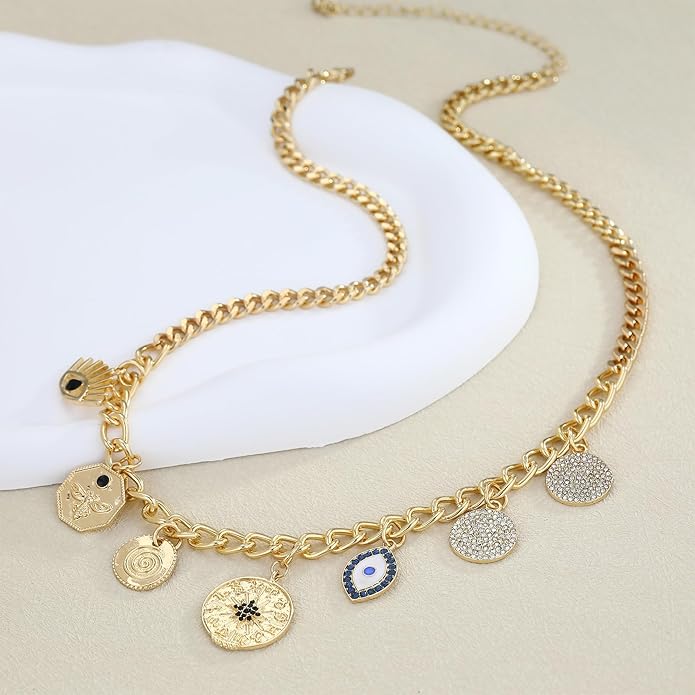 Chunky Gold Necklace for Women Gold Evil Eye Cowboy Pendant Necklace Dainty Paperclip Chain Vintage Luck Amulet Choker Necklaces Celestial Jewelry Gift
