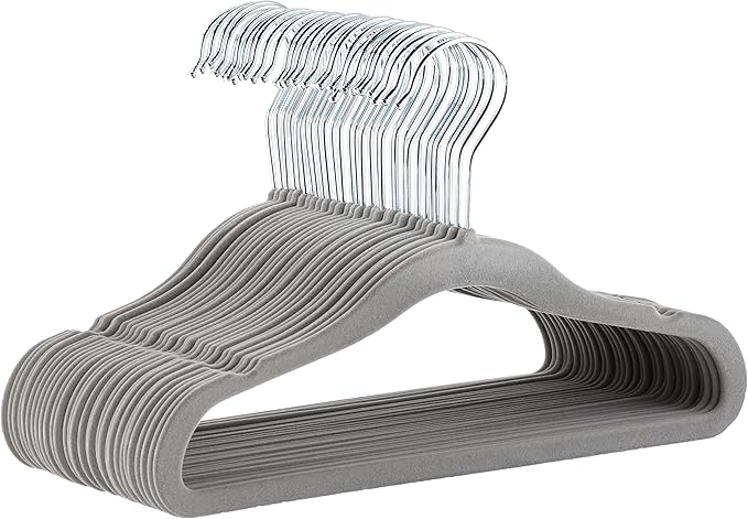 Amazon Basics Kids Velvet Non-Slip Space Saving Clothes Hangers with Shoulder Notches, Sturdy Closet Organizer for Baby/Toddler, 11.6", Gray, 30-Pack