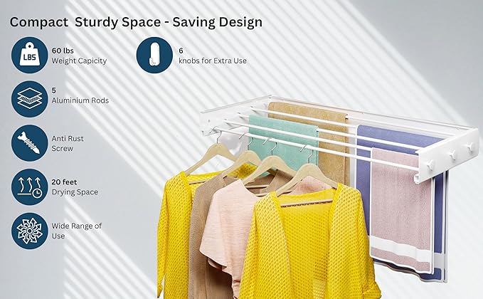 Wall Mounted Foldable, Space Saving Clothes Drying Rack with Knob, 60 lbs Capacity, for Laundry (31.5" White)