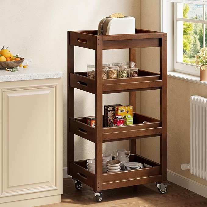 Solid Wood Storage Cart, 4-Tier Slim Kitchen Rolling Cart with Wheels, Narrow Mobile Utility Organizer Shelving Unit for Small Space, Living Room, Dining Room, Laundry, Walnut
