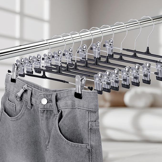 30 Pack Pants Hangers with Clips, 12 Inch Adjustable Skirt Hangers for Women, Black Metal Non-Slip Toursers Skirt Hanger Heavy Duty Space Saving Clothes Hanger for Shorts Jeans Coat