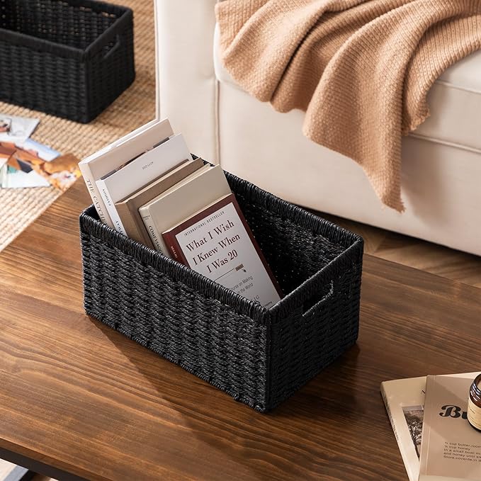 UBBCARE 2 Pack Wicker Basket, 13.4L×8.3H×7.1W inch Woven Paper Rope Storage Baskets for shelves, Foldable Rectangular Storage Baskets with Handle, Storage Basket for Organizing, （Black,2pack Medium）