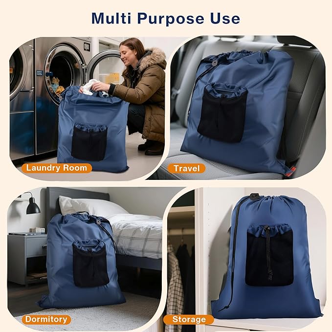2-Pack Backpack Laundry Bags, Heavy Duty Laundry Bag Backpacks with Adjustable Shoulder Straps, Door Hanging Washing Bag, Laundry Hamper Lining for College Dorm, Travel, Laundromat