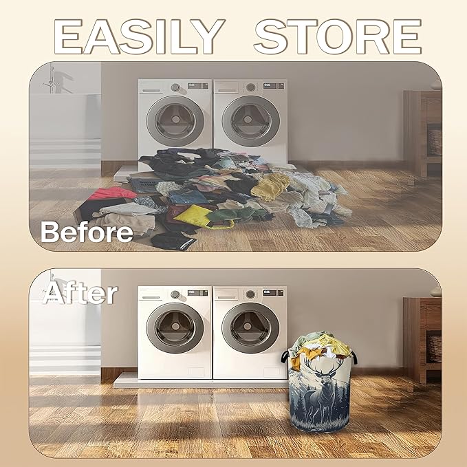 Collapsible Laundry Basket,Vintage Forest Deer Dirty Clothes Hamper,Snow Mountain Hampers for Bedroom Waterproof Oxford Cloth Storage Organizer for Bathroom,Nursery,Dorm,16x20 Inch