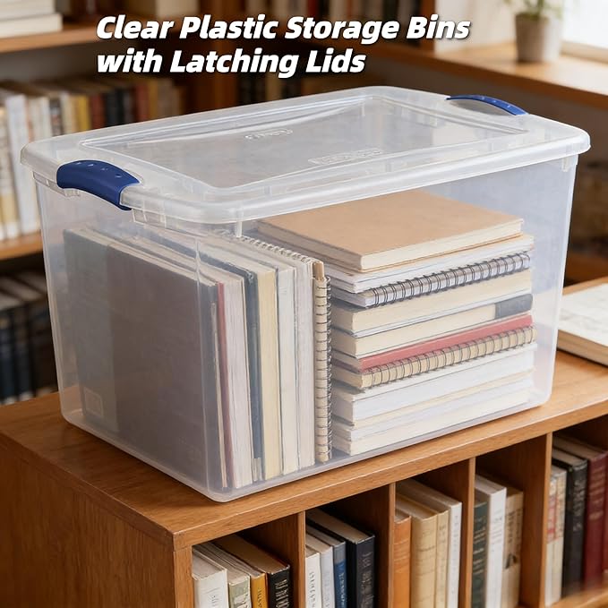 2-Pack 66 Quart Clear Plastic Storage Bins with Latching Lids, Blue Stackable Organizing Totes for Garage, Closet, and Home Organization