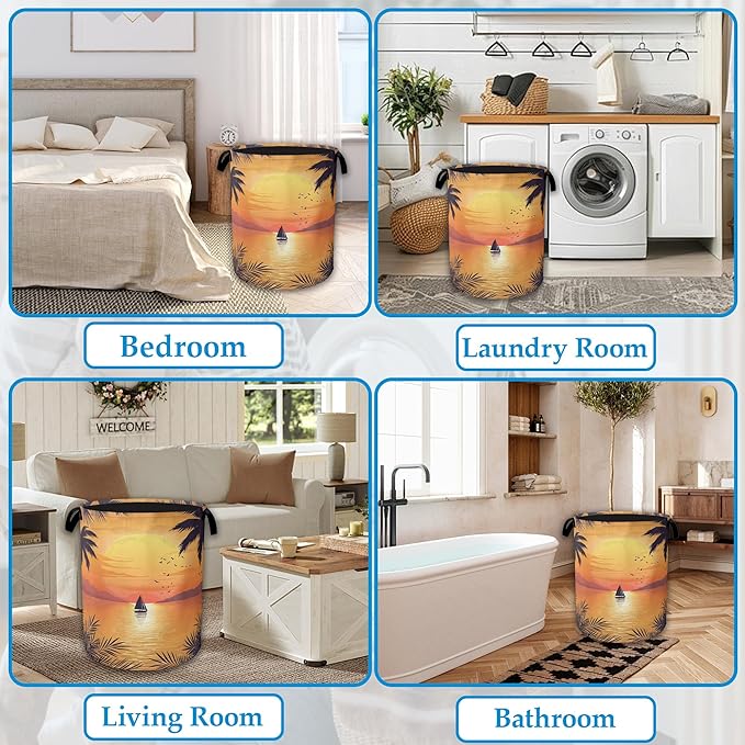 Tropical Palm Laundry Basket,Sunset Sea Beach Laundry Hamper, Collapsible Clothes Toy Storage Bin for Bathroom Bedroom Room Decor 16" X 20.8"