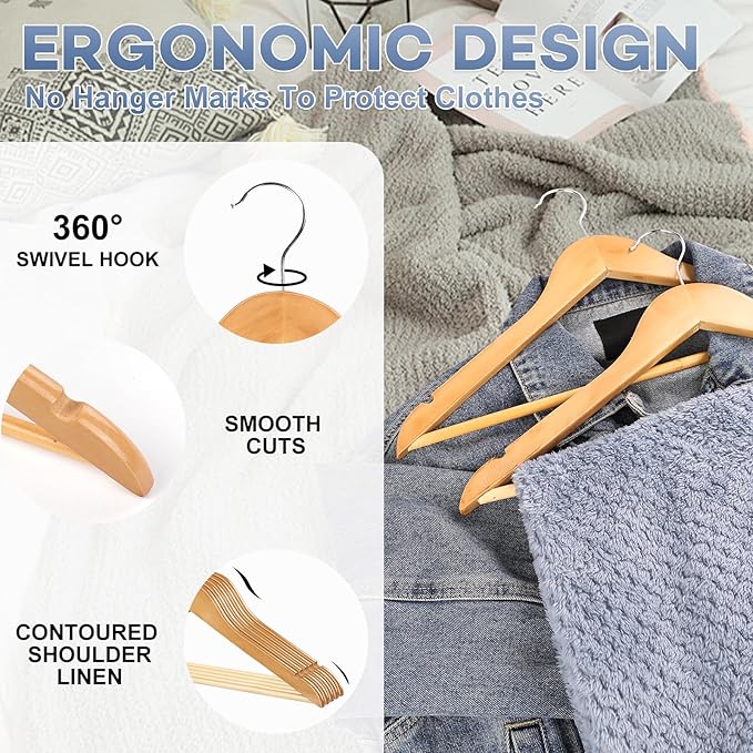 Wooden Hangers 30 Pack, Heavy Duty Wood Hangers for Coats, Suits, Jackets, Closet & Pants Durable Premium Wood Hangers with 360-Degree Rotatable Hook and Notches, Natural
