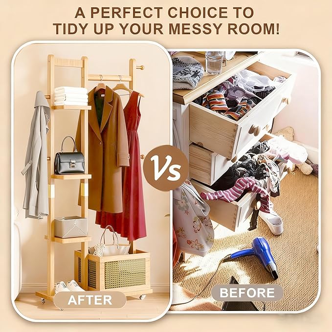 Solid Wood Coat Rack Clothing Rack with Wheels, Clothes Rack Freestanding with Storage, Heavy Duty Garment Rolling Rack Hall Tree with 4 Shelves & 4 Hooks for Entryway Hallway Office