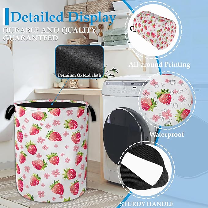 Straberry Flower Laundry Basket Collapsible Laundry Hamper Clothes Toy Storage Bin for Bathroom Bedroom Room Decor 16" X 20.8"