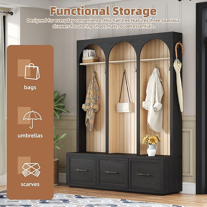 Merax Farmhouse Wood Hall Tree with 8 Hooks and Storage Shoe Bench, Arched Mudroom Versatile Coat Racks with 3 Drawers, Entrance Organizer for Hallway Black