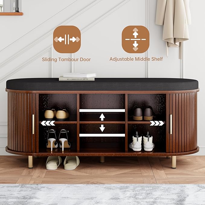 DHH 2-Tier Storage Bench, 43.3" Wide Shoe Bench with Thickened Padded Seat Cushion, Mid Century Modern Fluted Sliding Door and Adjustable Shelf, for Entryway, Living Room, Bedroom(Walnut)