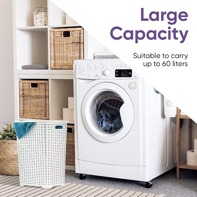 Superio Laundry Hamper with Lid 60 Liter White (2 Pack) Plastic Wicker Large Hampers Basket with Cutout Handles, Deluxe Bin to Storage Dirty Cloths in Washroom Bathroom