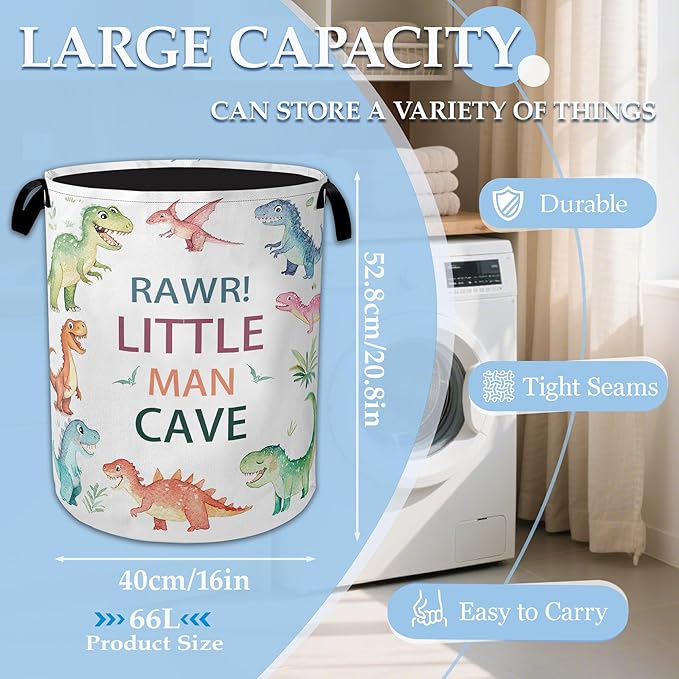 Cartoon Dino Laundry Basket Collapsible Laundry Hamper with Handles, Waterproof Oxford Cloth Storage Bin for Bathroom/Bedroom/Dormitories 16 X 20.8 Inch
