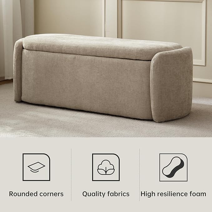 VKNOW Oval Storage Ottoman Bench, 46" Upholstered End of Bed Bench Ottomans Bench Foot Rest, Sherpa Storage Bench for Bedroom, Living Room and Hallway, Light Brown