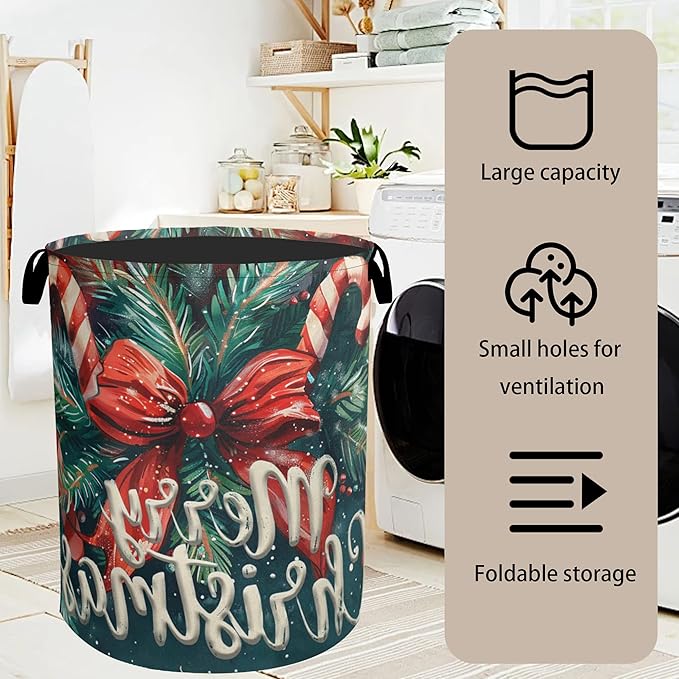 Merry Christmas Laundry Basket - Heavy Duty 60L Dirty Clothes Organizer, Water Resistant Foldable Hamper for Men Women