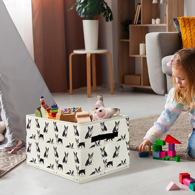 Boston Terrier Gifts Storage Bins & Boxes with Handles, Dog Foldable Basket for Organizing Dog Lovers,Boston Terrier Christmas Collapsible Laundry Hampers for Bedroom Bathroom Clothes Toys Books