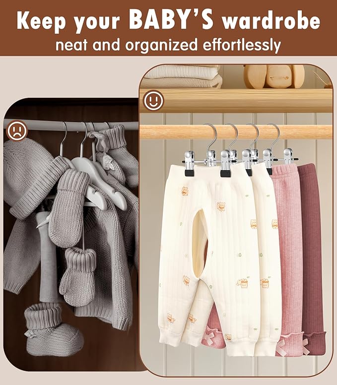 DOIOWN 10 Pack Baby Pants Hangers with Clips, Toddler Non-Slip Space Saving Hangers for Pants, Skirts, Clothes - Baby Essentials Closet Organizer