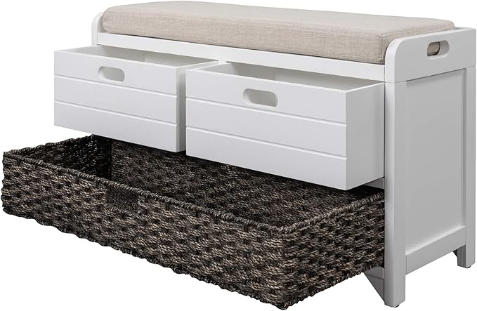 SOFTSEA Storage Bench with Drawers and Basket, Farmhouse Shoe Bench with Seating and Cushion for Hallway Entryway Living Room, Full Assembled (White Wash-2 Drawers)