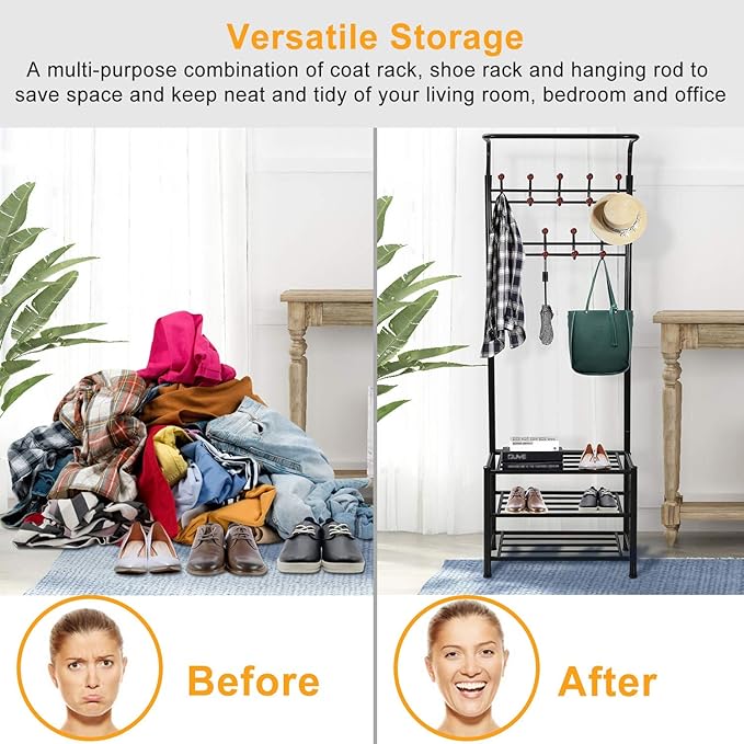 Moclever Coat Rack Shoe Bench, Hall Tree with Storage Shelf for Entryway, Industrial Coat Shoe Racks with Organization, 3-in-1 Design, Easy Assembly