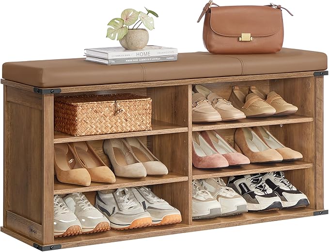 VASAGLE Shoe Storage Bench with Removable Cushion, Shoe Rack with Padded Seat, Entryway Bench with 6 Open Compartmens, Adjustable Shelves, for Hallway, Bedroom, Honey Brown ULSB105K01