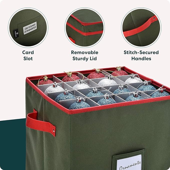 Handy Laundry Christmas Ornament Storage - Stores upto 64 Holiday Ornaments, Adjustable Dividers, Two Handles. Storage Box Keeps Holiday Decorations Clean and Dry for Next Season. (Green)