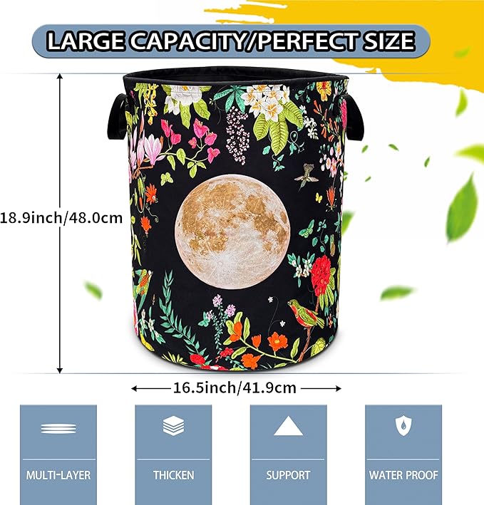 Moon Flower Laundry Basket Beautiful Floral Foldable Oxford Cloth Funny Tote Bag Laundry Hamper Clothes Storage Bucket Toy Organizer For Bathroom/Laundry Storage/Bedroom 18.9x16.5 Inch