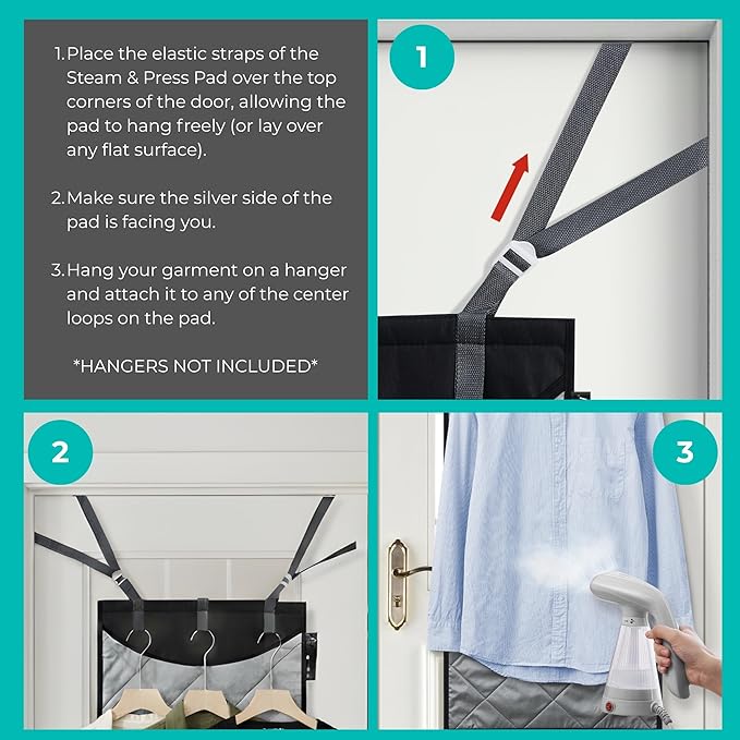 True & Tidy XL Over The Door Protective Clothes Steamer Pad, Ironing and Press Pad, Helps Protect Surfaces While Garment Steaming, with 3 Hanger Hooks