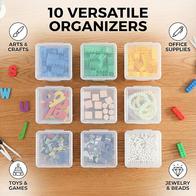10 Pack Small Clear Storage Bins with Lids - Stackable Plastic Organizer Boxes for Crafts, Art Supplies, Jewelry, Beads, Office Tools - 3.54x3.54x4.53 Inch – Square Medium