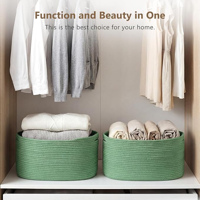 Cotton Rope Storage Basket, 15x10x9 Inches, Woven Basket for Shelves, Clothes, Towels, Books, and Laundry, Green (2 Pack)