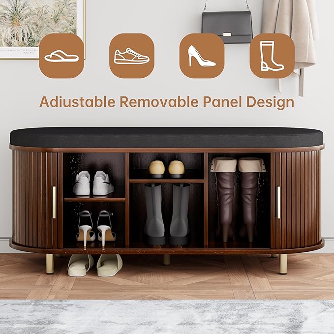 DHH 2-Tier Storage Bench, 43.3" Wide Shoe Bench with Thickened Padded Seat Cushion, Mid Century Modern Fluted Sliding Door and Adjustable Shelf, for Entryway, Living Room, Bedroom(Walnut)
