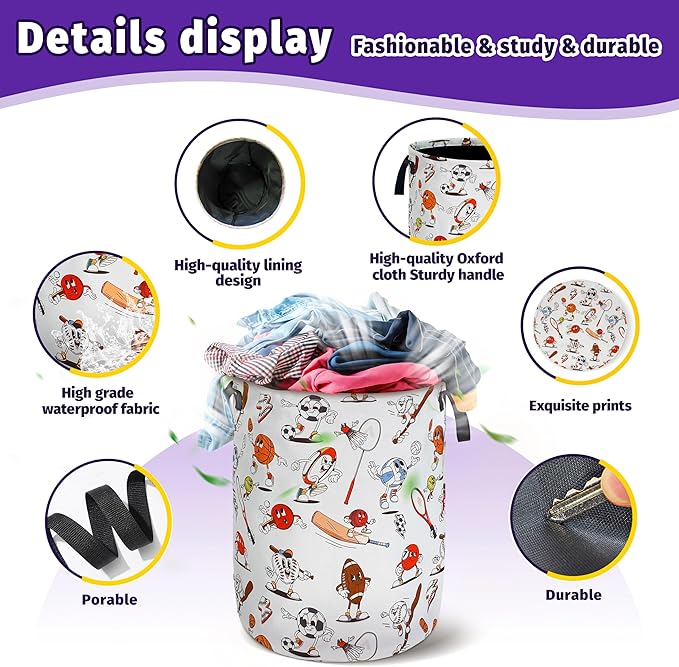 Cartoon Balls Laundry Basket Foldable Waterproof Oxford Cloth With Handle Portable Sports Theme Storage Basket Organizer Suitable For Laundry Room/Bedroom/Children'S Room (18.9 X 16.5 Inch)