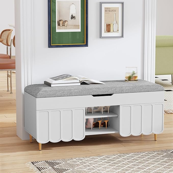 3More 40" Entryway Shoe Storage Bench,Upholstered Hidden Space Beneath Seat Cushion Bench,2-Tier Unique Geometric Shape with Wood Grain,White
