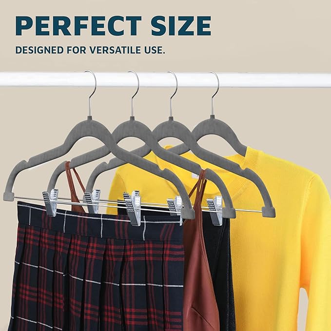 Lifemaster Velvet Skirt Hangers – with Adjustable Clips, 360 Degree Swivel Hook, and Non-Slip Shoulder Notch, Holds Up to 10 lbs, for Organizing Skirt, Pants, Dress, and Clothes, Pack of 30, Gray