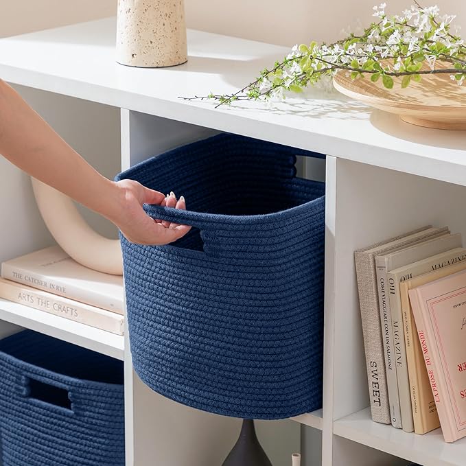 UBBCARE Set of 4 Storage Bins - 13 X 13 X 13 In, Cotton Rope Bins for Shelves, Toys, Books, Cube Storage with Handles, Woven Basket for Organizing, Navy Blue