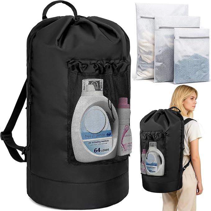 Laundry Bag Backpack with 3 Sizes Mesh Wash Bags and Shoulder Straps Foldable Clothes Hamper Bag with Drawstring Closure for College, Apartment, Laundromat (Black)