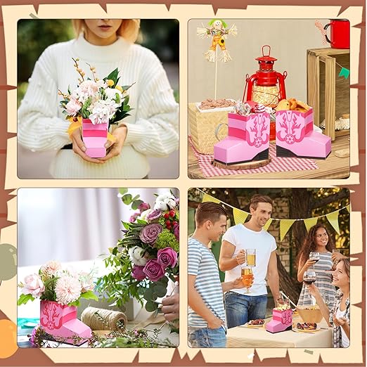 24 Pcs Cowboy Boots Paper Boxes Western Theme Party Decorations Favors Wild West Popcorn Boxes Boot Shape Bag for Cowboy Birthday Bachelorette Baby Shower Party Supplies(Pink)
