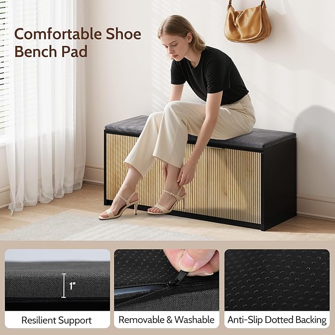 2-Tier Shoe Storage Bench with 3 Doors & Adjustable Shelf, Removable Padded Seat Cushion, 41.3" Entryway Bench for Living Room, Bedroom, Hallway – Wood Grain & Black Modern Farmhouse Design