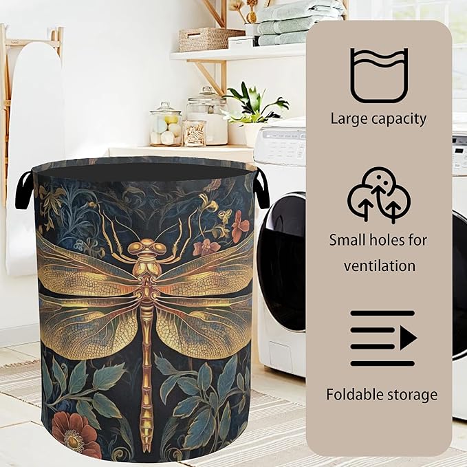 Retro Dragonfly Foldable Laundry Hamper - Waterproof Fabric Storage Basket with Handles, Clothes Hampers for Laundry,Bedroom,Dorm