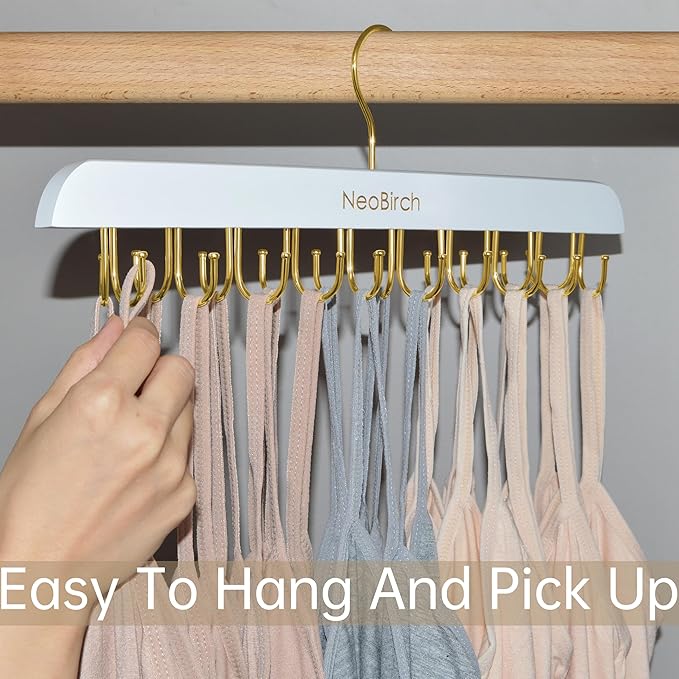 Bra Hanger for Closet Organizers and Storage | Space Saving Wooden Hanger | 20 Steel Hooks for Tank Tops, Camis, Hats, Lingeries, Belts, Ties, Scarfs Holder| 360° Rotating Non-Slip (1, White)