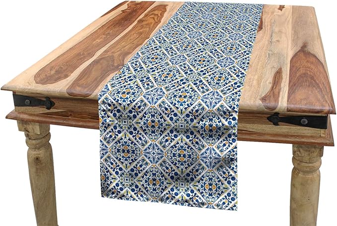 Ambesonne Ethnic Table Runner, Portuguese Azulejo Tiles Floral European Medieval Style Mosaic Moroccan Retro Effect, Dining Room Kitchen Rectangular Runner, 16" X 72", Royal Blue Orange