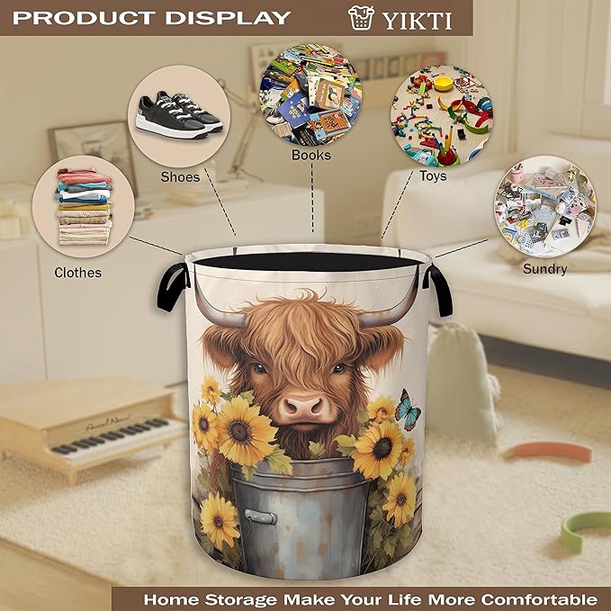 Cute Highland Cow Laundry Hamper,Watercolor Sunflower Collapsible Laundry Baskets,Waterproof Oxford Cloth Laundry Room Organization for Bedroom,Bathroom,Nursery,16x20 Inch