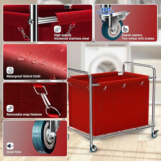 Commercial Laundry Cart with Wheels, 440 lbs Heavy Duty Industrial Laundry Cart with Sturdy Frame and Oxford Bag for Home Hotel Hospital, Rolling Laundry Cart for Home & Hotel, 400L(Red)