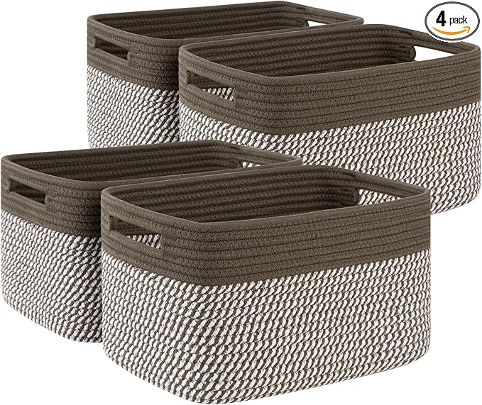 4 Pack Storage Baskets for Organizing, Woven Baskets for Shelves - Perfect for Toys, Books, Towels, and Clothes, Durable Gift Basket Bins Toy Storage, 12.7''Lx9''Wx7.8''H, Green & White
